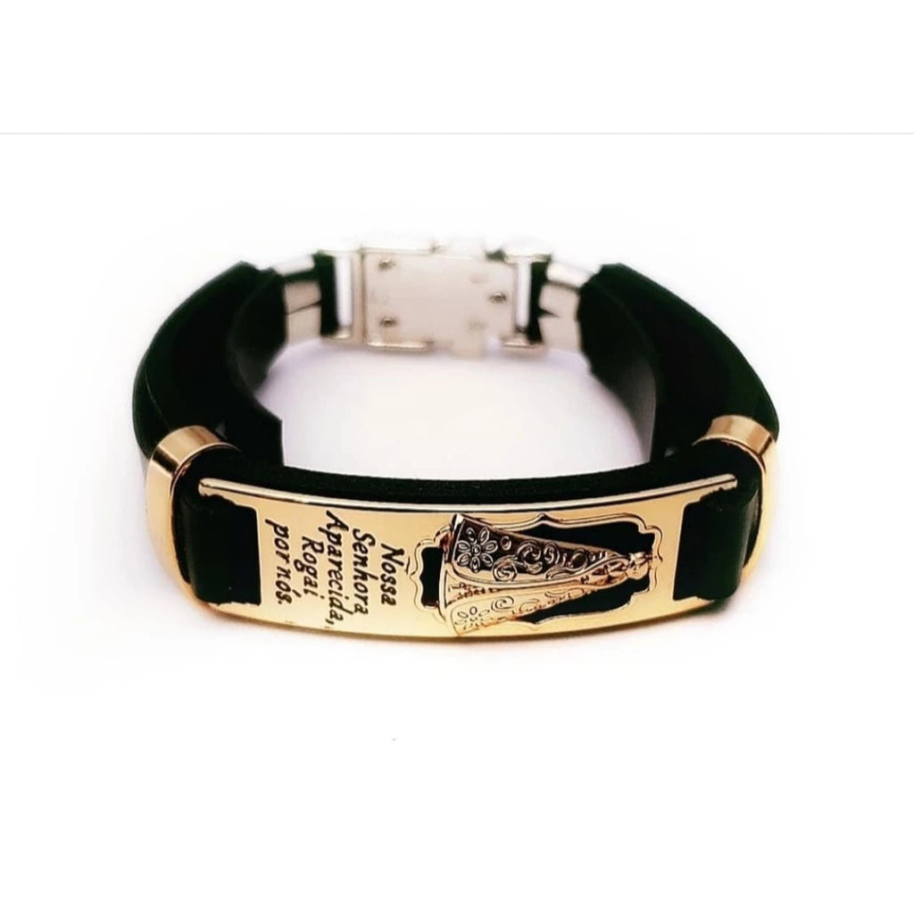 Pulseira Masculina de Couro Sintético com frases religiosas e fecho de aço cirurgico