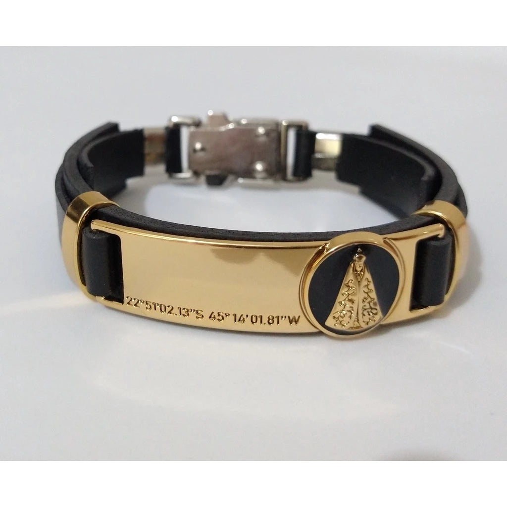 Pulseira Masculina de Couro Sintético com frases religiosas e fecho de aço cirurgico