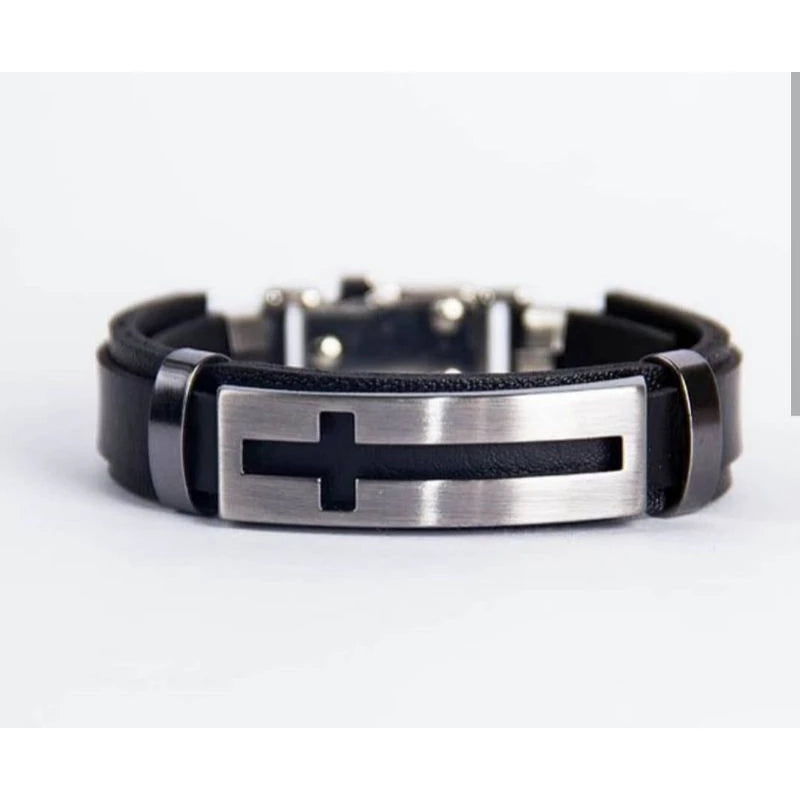 Pulseira Masculina de Couro Sintético com frases religiosas e fecho de aço cirurgico