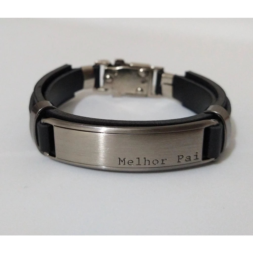 Pulseira Masculina de Couro Sintético com frases religiosas e fecho de aço cirurgico