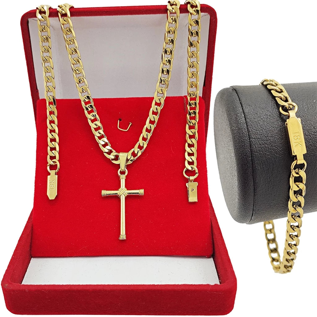 Corrente Masculina Cordão Grumet 70cm Dourado Com Pingente Crucifixo e Pulseira Grossa