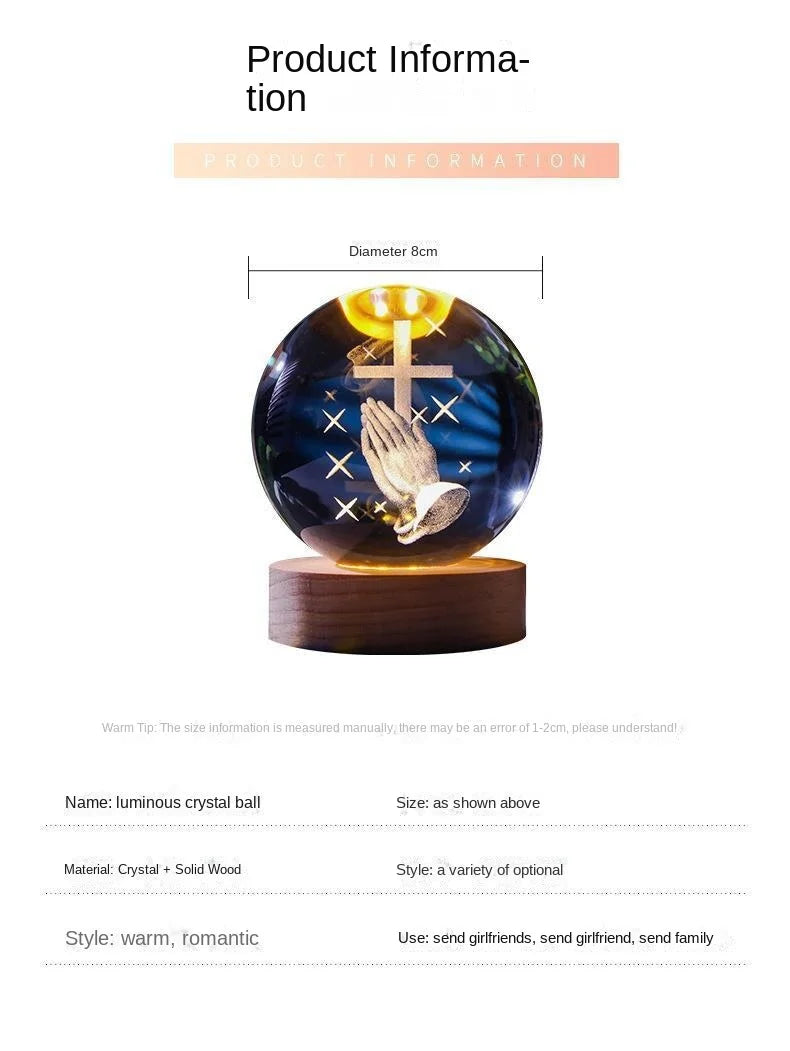 Luz noturna única de bola de cristal 3D de Jesus com base de LED de madeira, bola de cristal esculpida em 3D criativa, presente artesanal por atacado, perfeito para