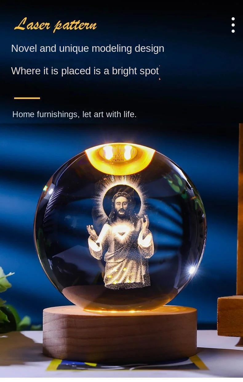 Luz noturna única de bola de cristal 3D de Jesus com base de LED de madeira, bola de cristal esculpida em 3D criativa, presente artesanal por atacado, perfeito para