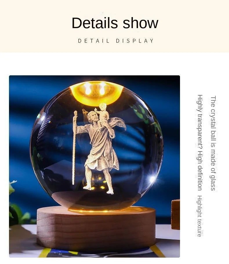 Luz noturna única de bola de cristal 3D de Jesus com base de LED de madeira, bola de cristal esculpida em 3D criativa, presente artesanal por atacado, perfeito para
