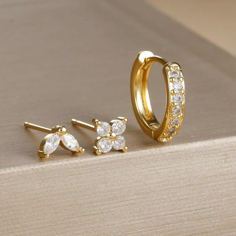 Brincos de argola em aço inoxidável para mulheres, brinco de flor de zircão, bifurcação de cartilagem, cor dourada, simples, 3 peças