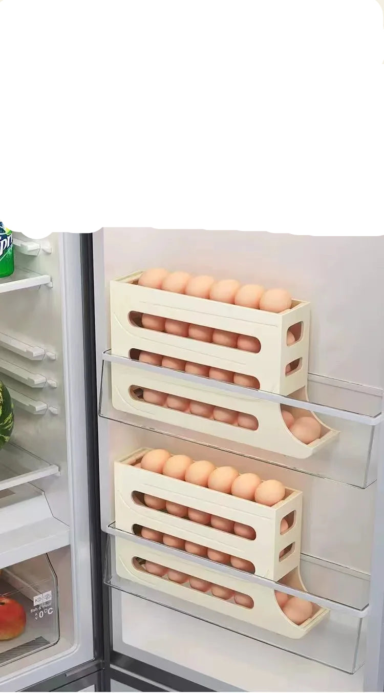 Caixa de armazenamento de ovos de 4 camadas, rolo de ovo deslizante automático, porta lateral do geladeira, dispositivo especial de acabamento de bandeja de ovos para manter fresco