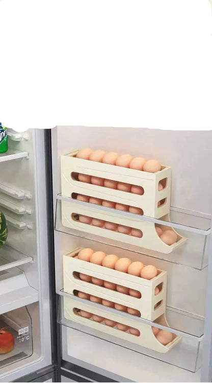 Caixa de armazenamento de ovos de 4 camadas, rolo de ovo deslizante automático, porta lateral do geladeira, dispositivo especial de acabamento de bandeja de ovos para manter fresco