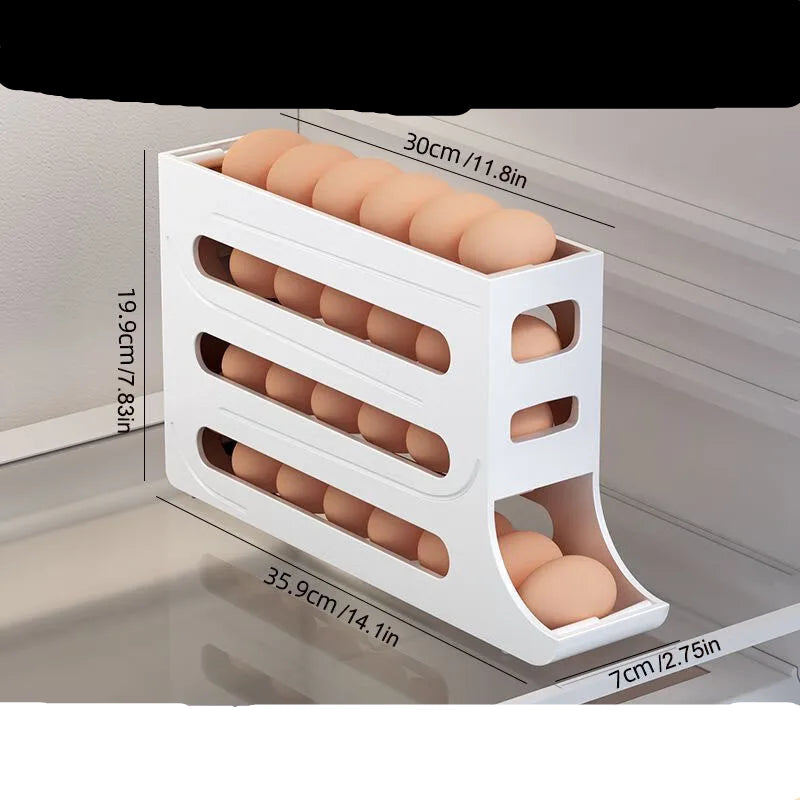 Caixa de armazenamento de ovos de 4 camadas, rolo de ovo deslizante automático, porta lateral do geladeira, dispositivo especial de acabamento de bandeja de ovos para manter fresco