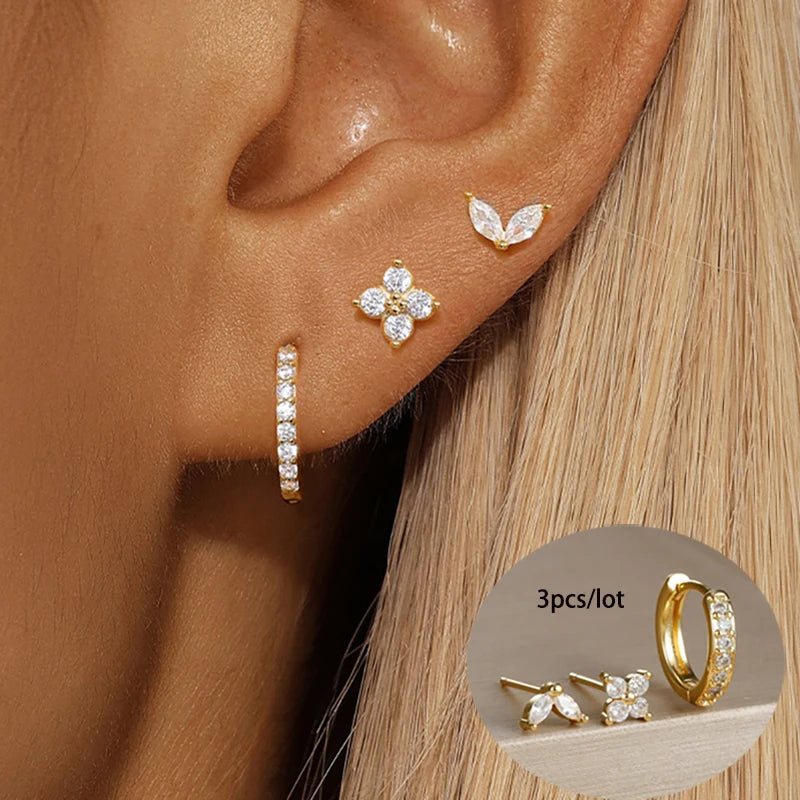 Brincos de argola em aço inoxidável para mulheres, brinco de flor de zircão, bifurcação de cartilagem, cor dourada, simples, 3 peças