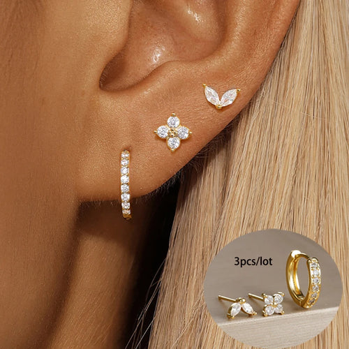Brincos de argola em aço inoxidável para mulheres, brinco de flor de zircão, bifurcação de cartilagem, cor dourada, simples, 3 peças