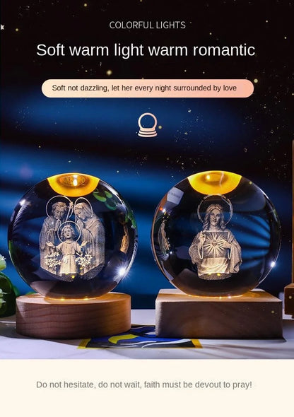 Luz noturna única de bola de cristal 3D de Jesus com base de LED de madeira, bola de cristal esculpida em 3D criativa, presente artesanal por atacado, perfeito para
