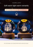 Luz noturna única de bola de cristal 3D de Jesus com base de LED de madeira, bola de cristal esculpida em 3D criativa, presente artesanal por atacado, perfeito para