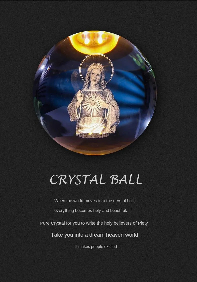 Luz noturna única de bola de cristal 3D de Jesus com base de LED de madeira, bola de cristal esculpida em 3D criativa, presente artesanal por atacado, perfeito para