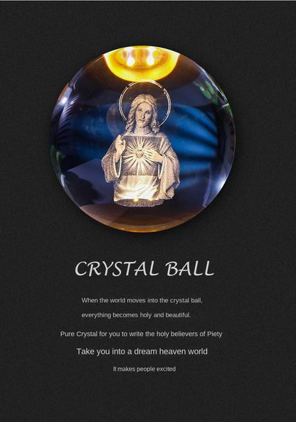 Luz noturna única de bola de cristal 3D de Jesus com base de LED de madeira, bola de cristal esculpida em 3D criativa, presente artesanal por atacado, perfeito para