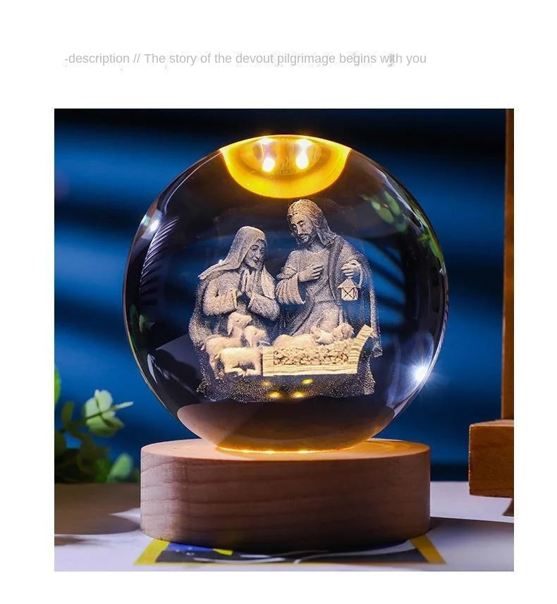 Luz noturna única de bola de cristal 3D de Jesus com base de LED de madeira, bola de cristal esculpida em 3D criativa, presente artesanal por atacado, perfeito para
