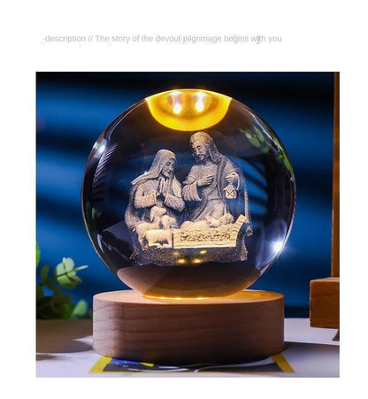 Luz noturna única de bola de cristal 3D de Jesus com base de LED de madeira, bola de cristal esculpida em 3D criativa, presente artesanal por atacado, perfeito para