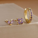 Brincos de argola em aço inoxidável para mulheres, brinco de flor de zircão, bifurcação de cartilagem, cor dourada, simples, 3 peças