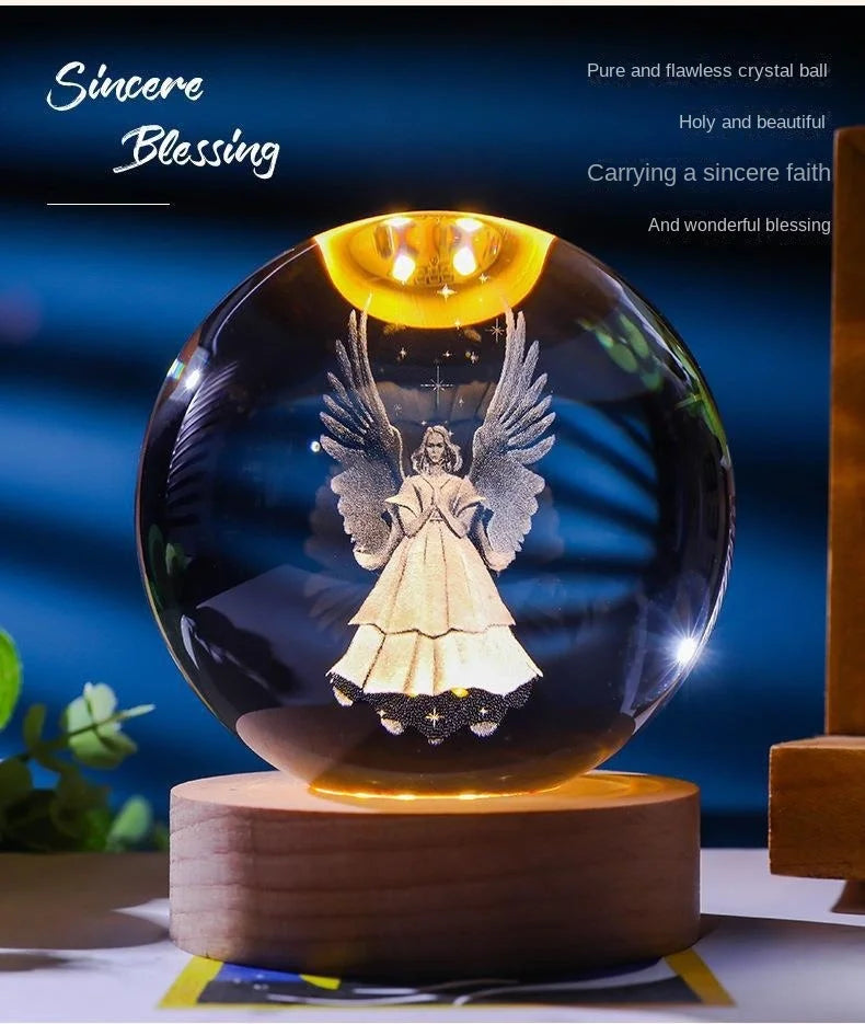 Luz noturna única de bola de cristal 3D de Jesus com base de LED de madeira, bola de cristal esculpida em 3D criativa, presente artesanal por atacado, perfeito para