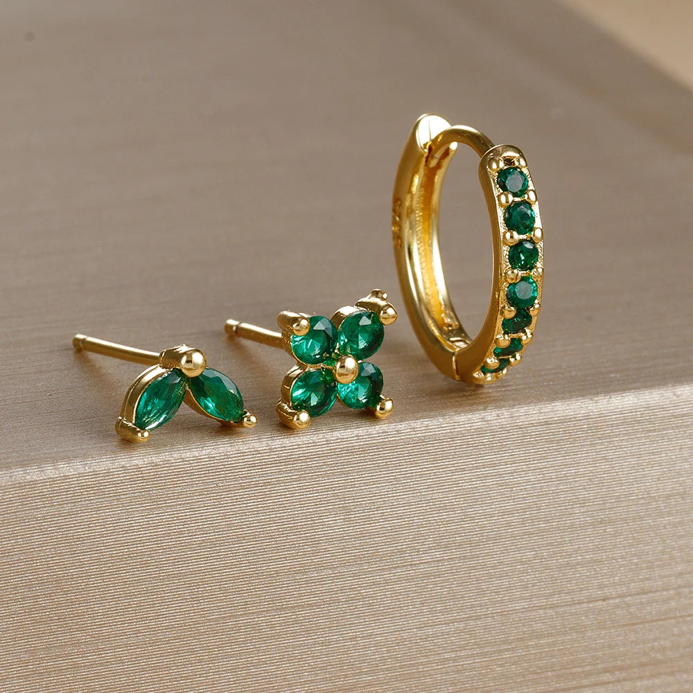Brincos de argola em aço inoxidável para mulheres, brinco de flor de zircão, bifurcação de cartilagem, cor dourada, simples, 3 peças