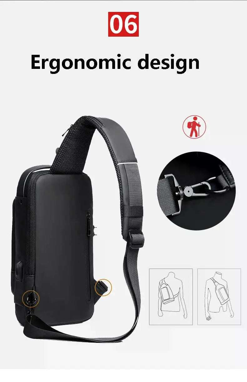 Bolsa de peito antifurto masculina, bolsa de ombro com carregamento usb, pacote crossbody, escola, curta viagem, mensageiro, oxford, pacote de estilingue