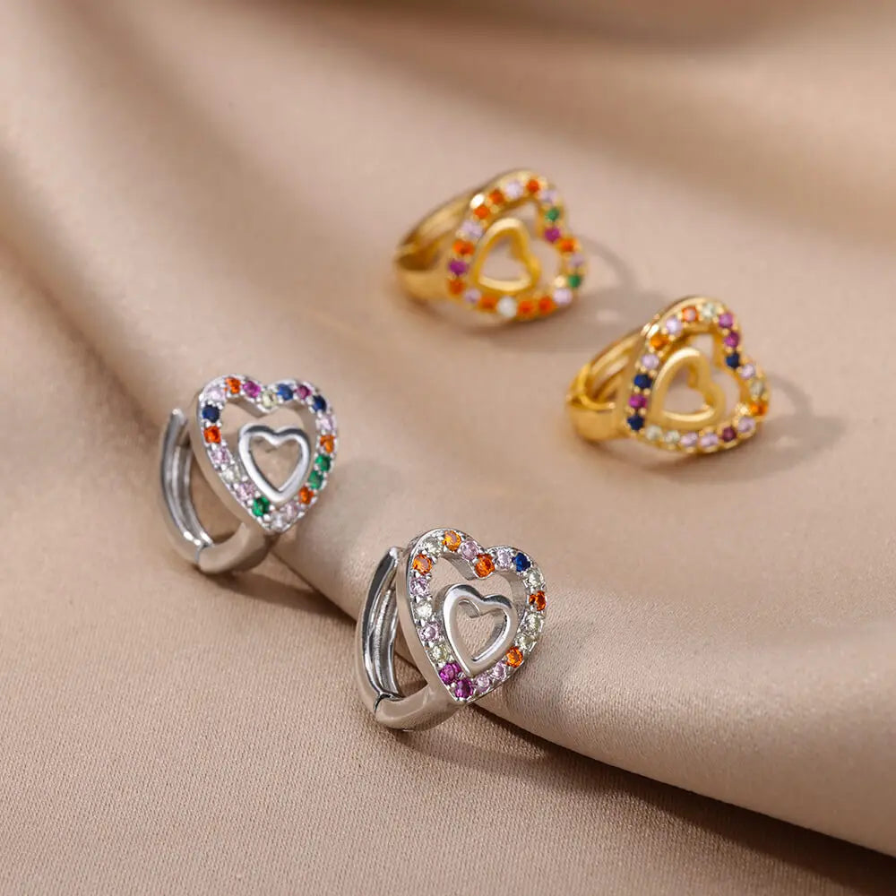 Brincos de coração de zircônia oca para mulheres, aço inoxidável, cor dourada, brinco de coração, luxo, casamento, casal, joias, presente, frete grátis