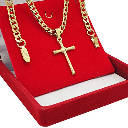 Corrente Masculina Cordão Grumet 70cm Dourado Com Pingente Crucifixo e Pulseira Grossa