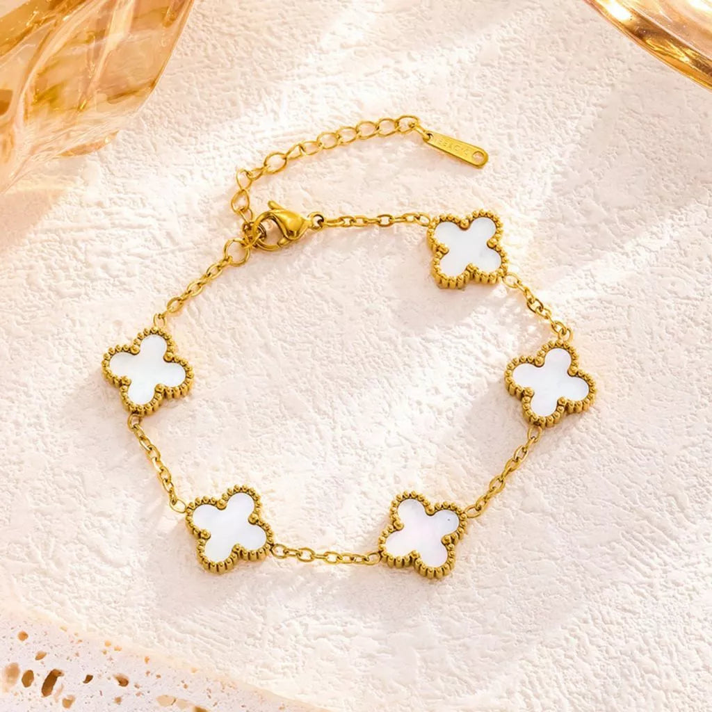 Pulseira de trevo dourado dupla face em aço titânio banhado 18K