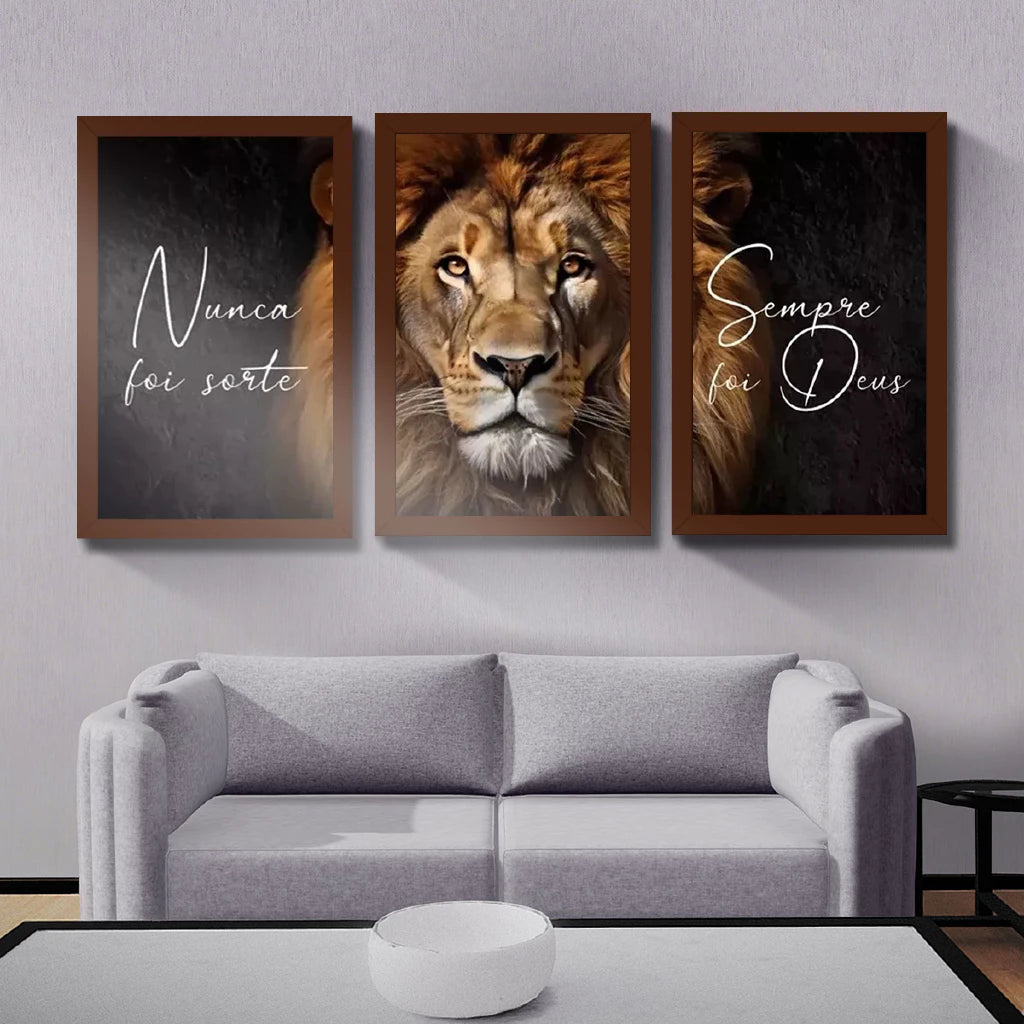 Kit 3 Quadros Decorativos Leão Frase Nunca Foi Sorte Sempre Foi Deus Mosaico Sala Quarto Escritório