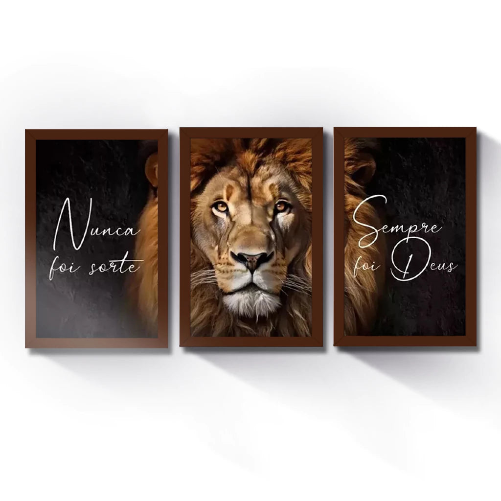 Kit 3 Quadros Decorativos Leão Frase Nunca Foi Sorte Sempre Foi Deus Mosaico Sala Quarto Escritório
