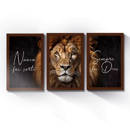 Kit 3 Quadros Decorativos Leão Frase Nunca Foi Sorte Sempre Foi Deus Mosaico Sala Quarto Escritório