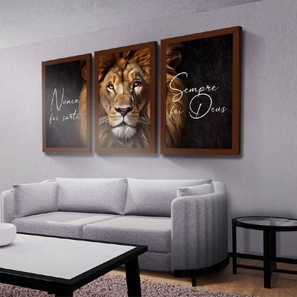 Kit 3 Quadros Decorativos Leão Frase Nunca Foi Sorte Sempre Foi Deus Mosaico Sala Quarto Escritório