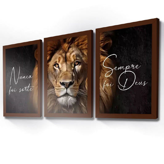 Kit 3 Quadros Decorativos Leão Frase Nunca Foi Sorte Sempre Foi Deus Mosaico Sala Quarto Escritório