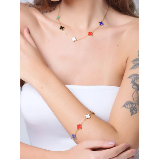 Pulseira de trevo dourado dupla face em aço titânio banhado 18K