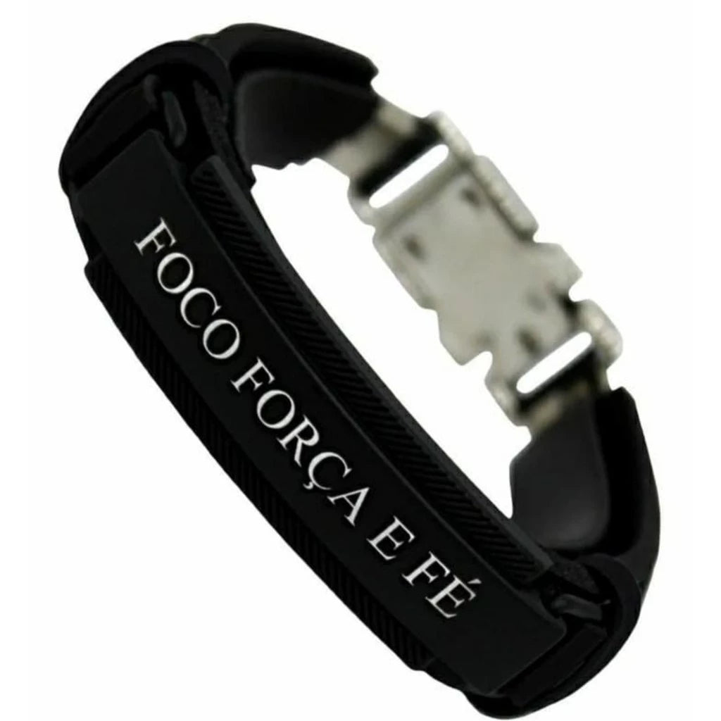 Pulseira Masculina de Couro Sintético com frases religiosas e fecho de aço cirurgico
