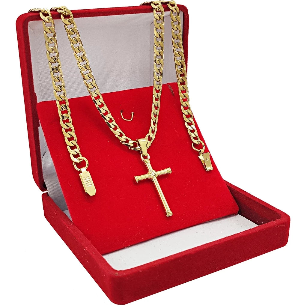 Corrente Masculina Cordão Grumet 70cm Dourado Com Pingente Crucifixo e Pulseira Grossa
